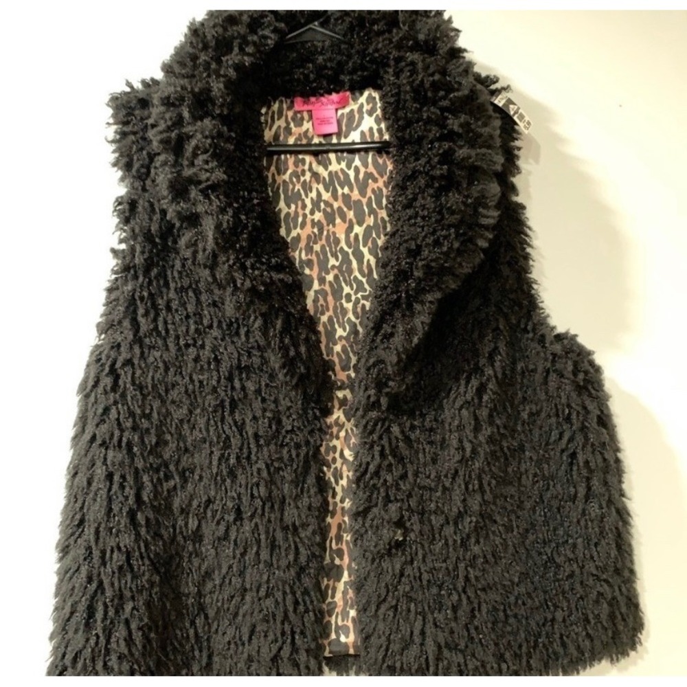 Betsey Johnson Black Faux Fur Vest Leopard Lining Vintage Retro Y2K Streetwear L